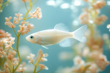 Fototapeta premium Pale fish swims among coral with light blue backdrop, for use in nature illustration