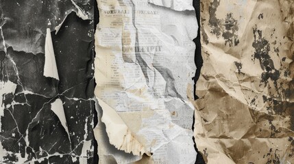 Close up of old weathered wall with torn and peeling vintage newspaper layers texture background