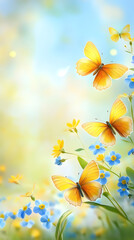 Obraz premium Beautiful spring background with yellow butterflies and forget-me-not flowers on a blurred, sunny nature backdrop 