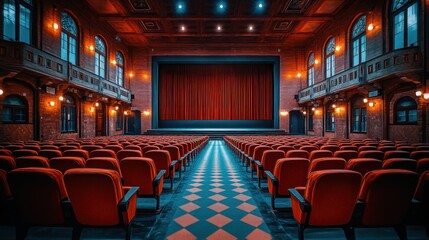 Empty theater auditorium, red seats, stage, night