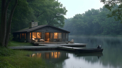 Lakeside cabin at dusk, tranquil lake view, peaceful retreat, ideal for relaxation and escape