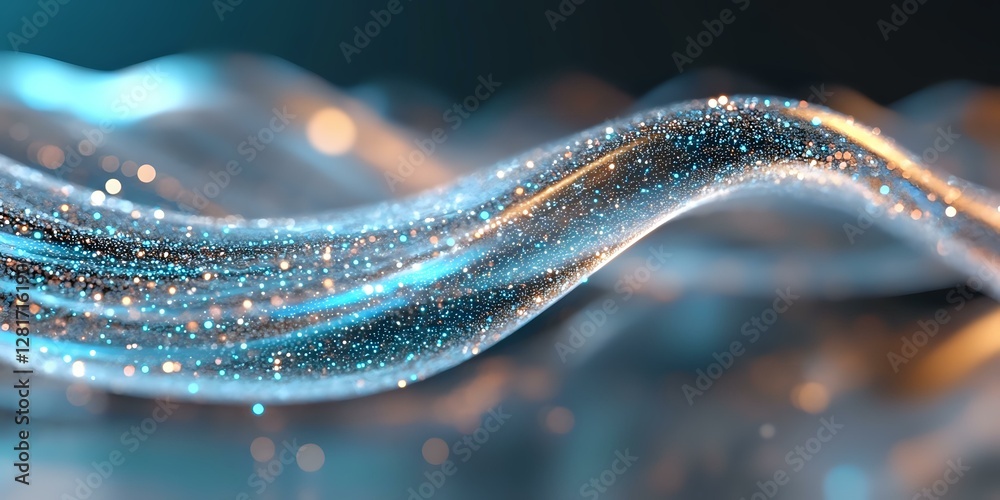 Poster glowing blue wave with sparkling particles flowing in dark space, abstract luminous curved lines wit
