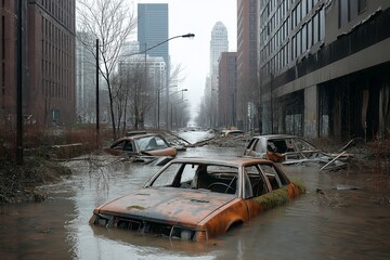 Flooded abandoned city with rusted cars........