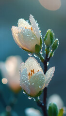 close up of dew kissed flower petals and new sprouts, showcasing nature beauty and freshness. delicate droplets enhance vibrant colors and intricate details