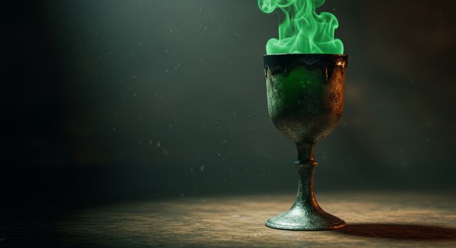 Enigmatic goblet spewing ominous green fumes, a dangerous potion