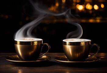 Fototapeta premium close view steaming coffee cups polished surface rich colors accentuated details captured beverage enthusiasts, brew, mug, drink, liquid, brown, porcelain