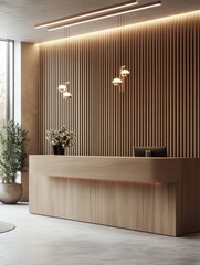 The image displays a modern minimalist reception desk in a room