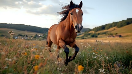 Obraz premium Majestic bay horse galloping through wildflower meadow at sunset, mane flowing in wind against rolling hills landscape, displaying power and freedom in natural setting.