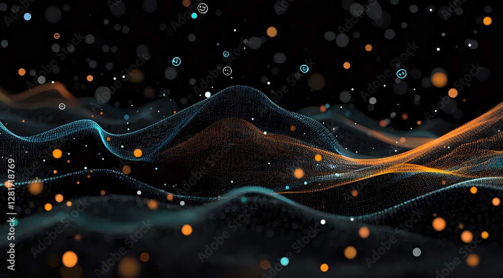 Poster abstract digital waves with glowing orange and turquoise particles floating on dark background, flow