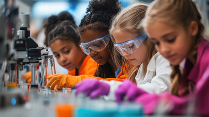 Young girls engaged in STEM activity, wearing safety goggles and gloves, focused on experiments in laboratory setting. Their expressions show curiosity and determination