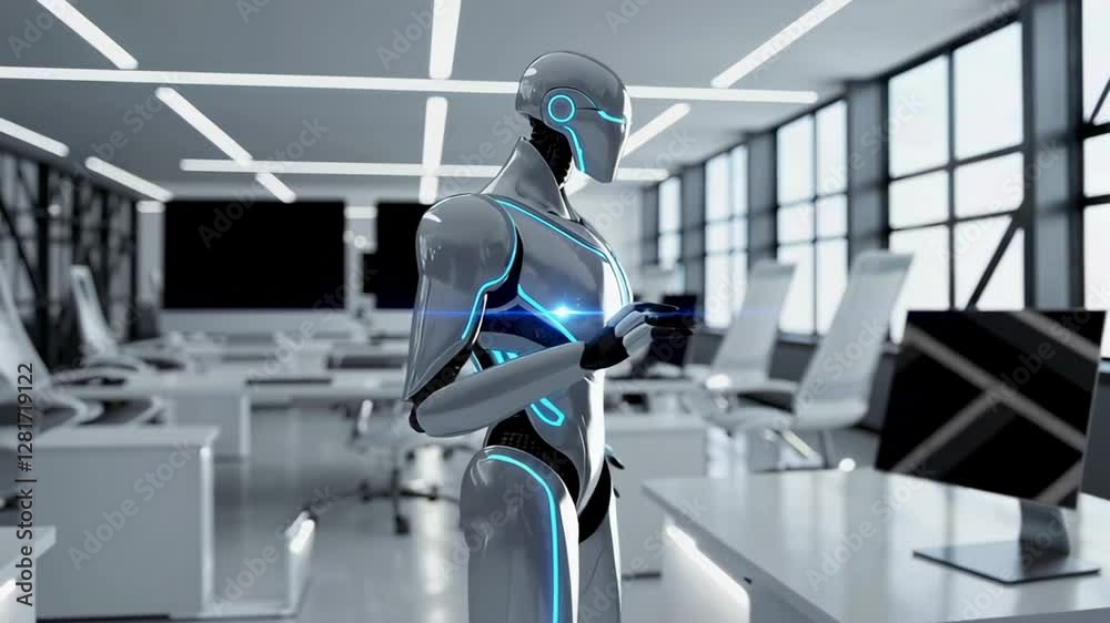 Poster Futuristic humanoid robot interacting with holographic interface in modern office environment, showcasing advanced ai capabilities in slow motion