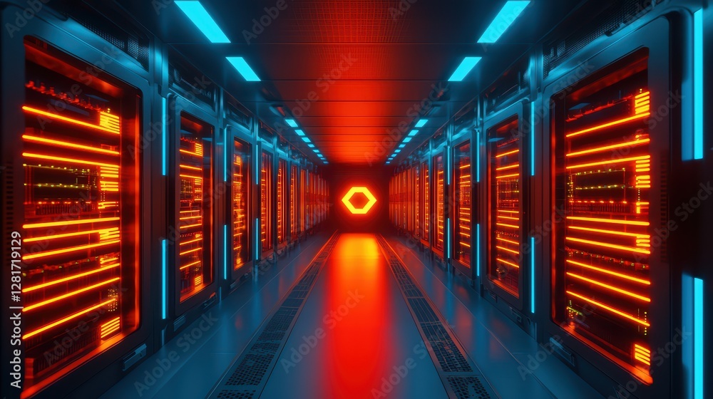 Poster futuristic quantum computer circuits illuminated in technology lab