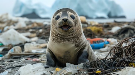 Naklejka premium Harbor seal among plastic pollution and debris on beach with glacial background, highlighting environmental conservation and marine life impact on climate change.