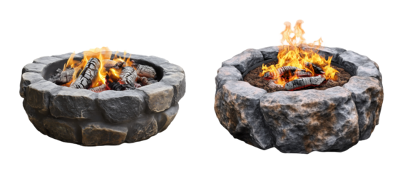 Stone fire pits with burning wood isolated on white or transparent background, PNG