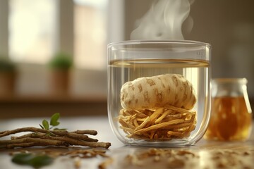 A glass of warm Rhodiola quad tea with a visible root inside, surrounded by dried herbs and a honey jar in a softly lit environment