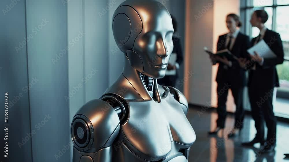 Poster humanoid robot sitting motionless during career selection process. waiting patiently while human res