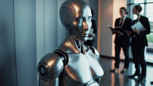 Humanoid robot sitting motionless during career selection process. Waiting patiently while human resource managers deliberate in corporate office background. Showcasing futuristic employment dynamics