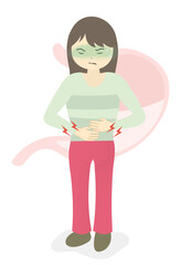 A girl holds her hand over her aching stomach.