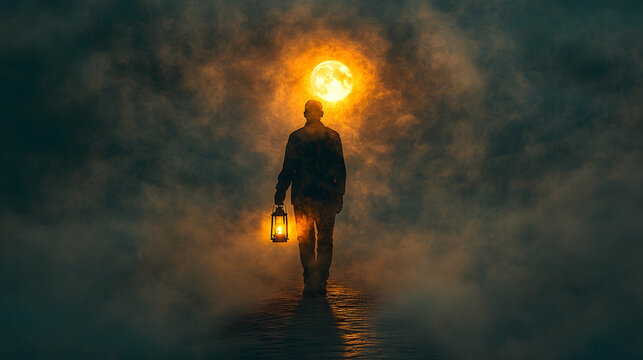 Lone man walks night, lantern light, full moon, misty sky, mystery, fantasy art