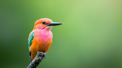 Obraz premium Colorful oriental dwarf kingfisher perched on a branch in a lush green forest during daytime.