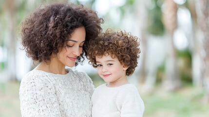Fototapeta premium Happy mother with curly hair embraces her young son in a sunny outdoor park.