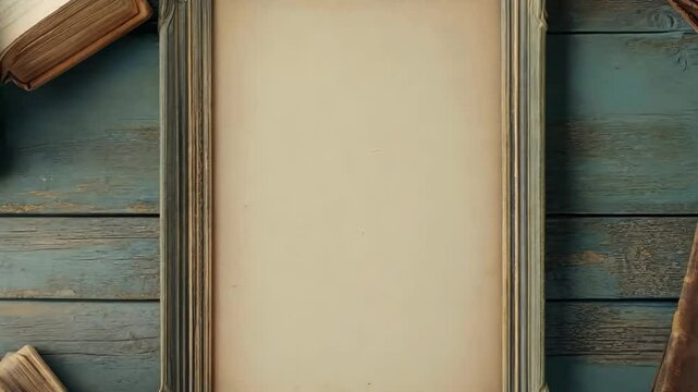 Vintage frame zooming on wooden table with old books