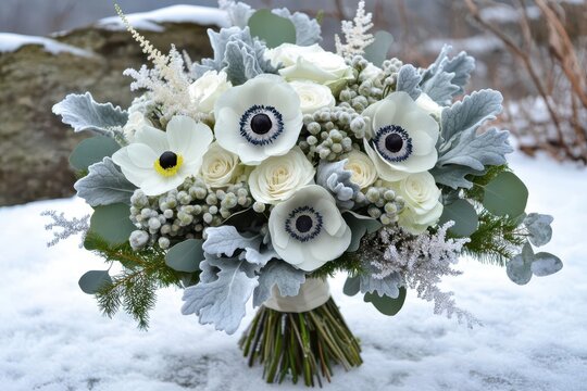 elegant winter bouquet with white anemones silver brunia and frosted eucalyptus in muted cool tones
