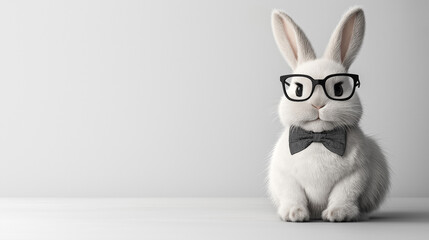 Obraz premium Gray Easter bunny wearing stylish glasses and a chic bowtie isolated on clear background. Empty space on one side for text placement