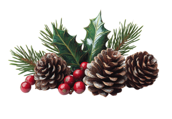 [Transparent Background PNG]Christmas Decorations with Pinecones and Holly Berries