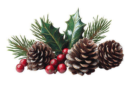 [Transparent Background PNG]Christmas Decorations with Pinecones and Holly Berries