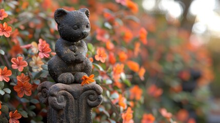 Obraz premium Adorable Bear Figurine Surrounded by Vibrant Floral Garden Scene
