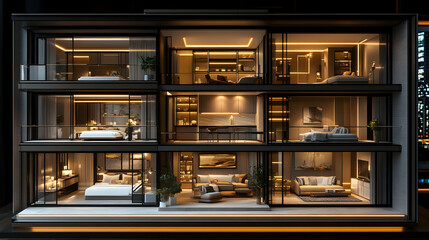 Luxurious modern apartment building cutaway, showcasing interior design and city view. Real estate marketing