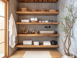This modern bathroom features wooden shelves and white towels
