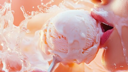An individual eating a scoop of ice cream, the heat causing it to melt rapidly, leaving a trail of melting goodness