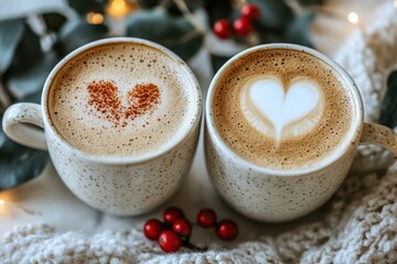 Two cups of cappuccino with heart shaped latte art on a cozy knitted blanket with holiday berries and soft lighting
