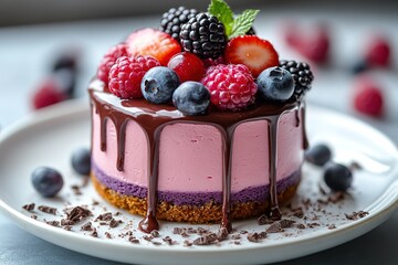 Berry cheesecake drizzled with chocolate featuring a vibrant mix of fresh berries on a white plate A perfect dessert!