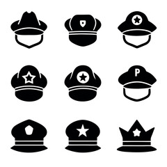 This image features a collection of silhouette icons representing different types of headwear worn by various uniformed professions, such as firefighters, police officers, and military personnel.