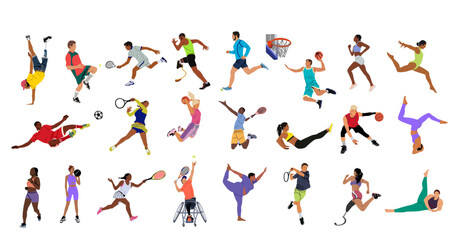 Collection of different men, women, disabled persons performing various sport activities. Bundle of training, exercising people, playing basketball, tennis, football, running. Vector illustrations.