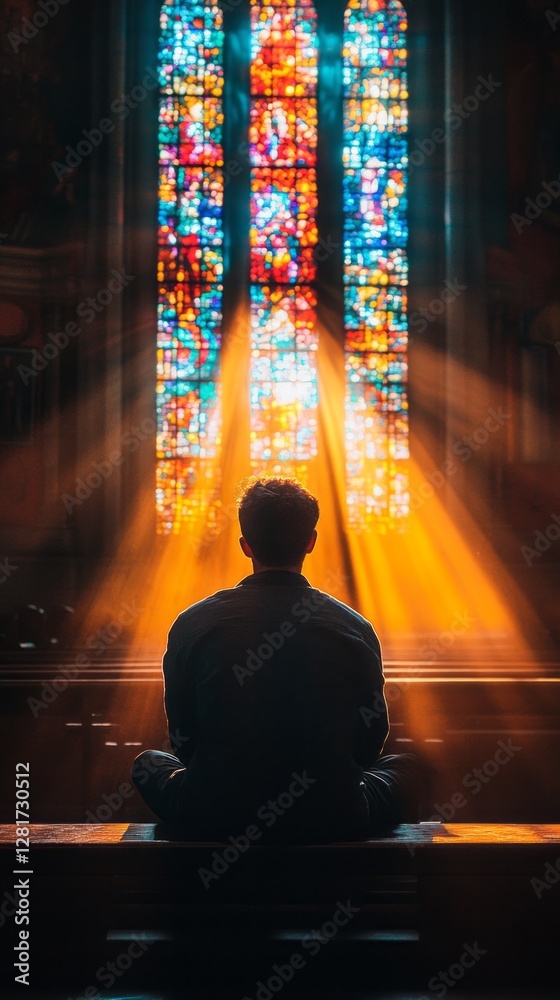 Poster bathed in vibrant light from the stained glass windows, a man sits quietly in a spacious church. the
