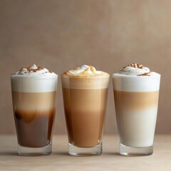 Trio of layered coffee drinks in tall glasses against a neutral backdrop showcasing creamy textures and rich hues