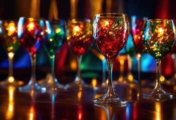 vibrant close swirling colors surrounding elegantly arranged wine glasses capturing light reflection, artisan, artistry, backdrop, beauty, beverage, blur