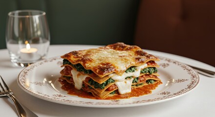 Delicious Homemade Lasagna with Spinach and Melted Mozzarella Cheese on Plate