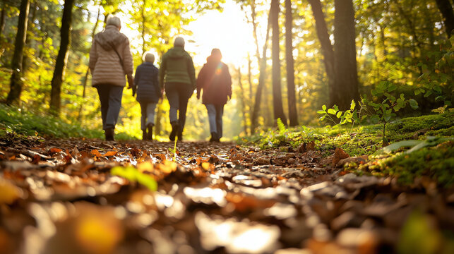 Senior women walking in a sunlit forest trail surrounded by nature