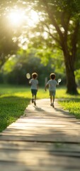 Obraz premium Two children enjoy a sunny day in a park, running along a wooden path. They carry nets, excitedly chasing butterflies under the warm sunlight and vibrant trees