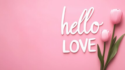 Naklejka premium A vibrant pink background features the words hello love in a playful font beside two charming pink tulips. This joyful display evokes warmth and affection, perfect for celebrating love