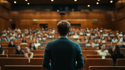 Camera Facing Class: College Professor Gives a Lecture to a Classroom Full of Multi Ethnic Students. Talented Speaker Captures Audience Attention.