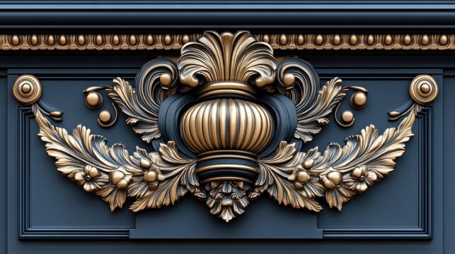 Gold ornate carving on dark blue panel, interior design