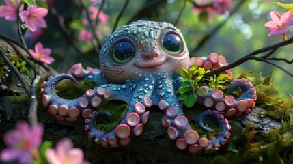 Fototapeta premium Cute Cartoon Octopus Smiling Surrounded by Colorful Flowers