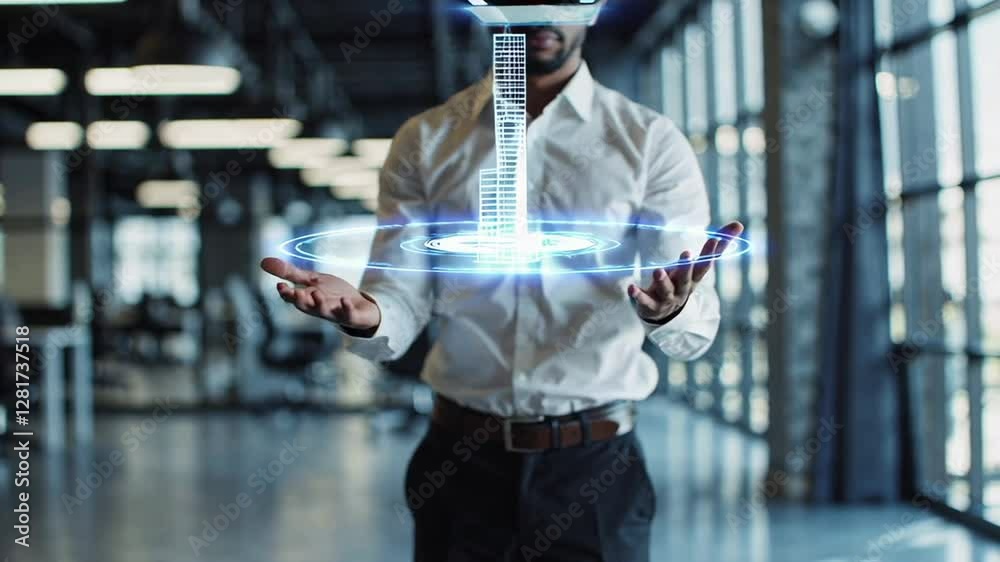 Poster Architect wearing a vr headset explores a 3d model of a building, rotating and manipulating the hologram with hand gestures in a modern office environment, visualized in slow motion