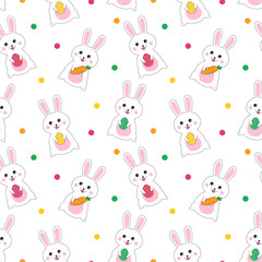Easter seamless pattern.Cute repeat pattern with colorful easter eggs, carrot and rabbit little bunny isolated on white background.Vector graphic illustration.